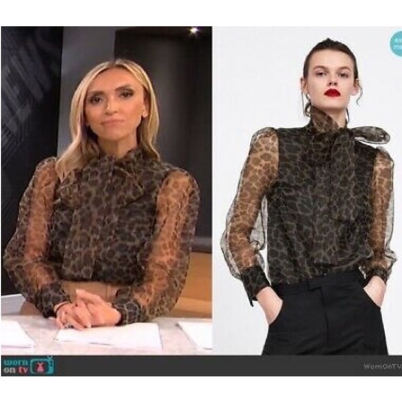 Zara ANIMAL PRINT Semi-Sheer BLOUSE W/TIE Neck LEOPARD CHEETAH BROWN/BLACK NEW - Picture 2 of 8